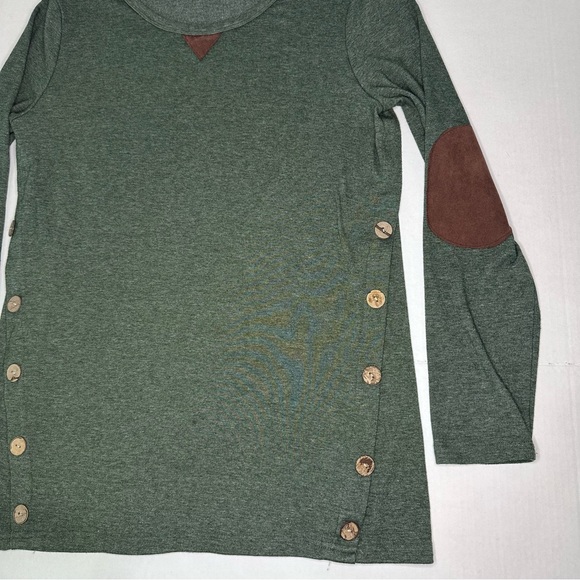 Green Long Sleeve Pull Over Tunic w/ Button Accents & Elbow Patches | Size L - Picture 2 of 12